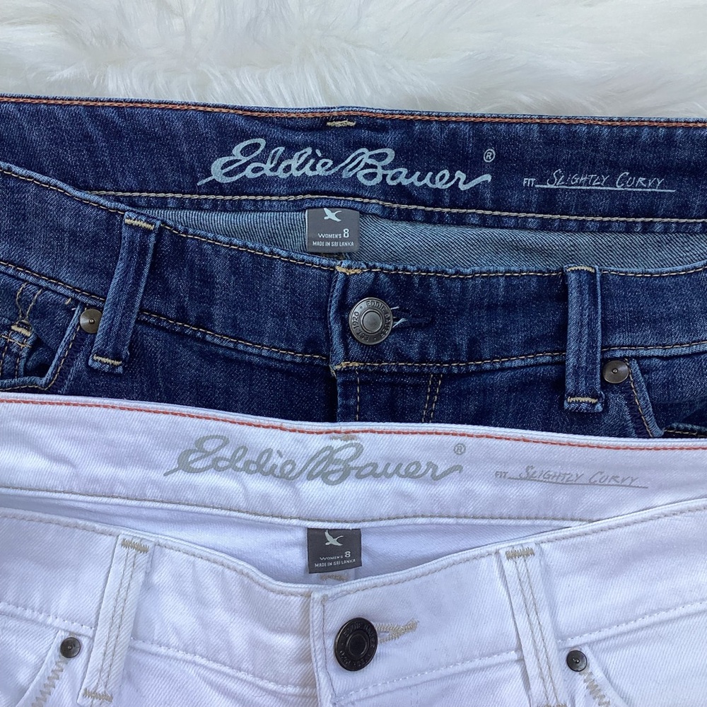 Eddie Bauer Slightly Curvy Bermuda Jean Shorts 2 pair White & Dark Denim 8 - Picture 3 of 5